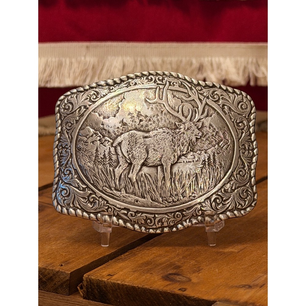 Crumrine Vintage Style Silver Tone Elk Mountain Scene Western Belt Buckle